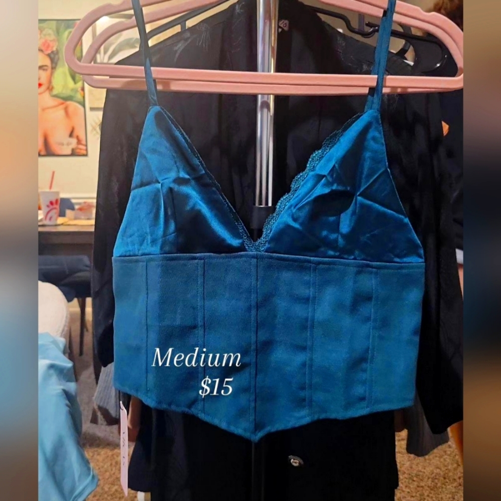 NWT. Micas Strappy Tank. Satin Teal/Blue. Medium. Corset bodice. Sharp V neck.